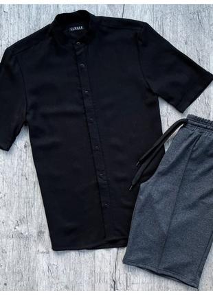 Мужской летний комплект черная льняная рубашка + серые шорты с...