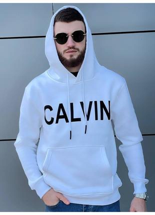 Мужское белое худи на флисе Calvin Klein кофта толстовка кельв...