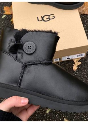 Женские зимние UGG Classic Mini Black Leather пуговица черные ...