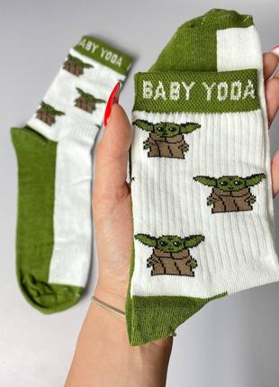 Женские носки качественные с супергероями "Baby Yoda" зелёные ...