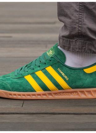 Мужские кроссовки Adidas Hamburg Green Yellow, зелёные замшевы...