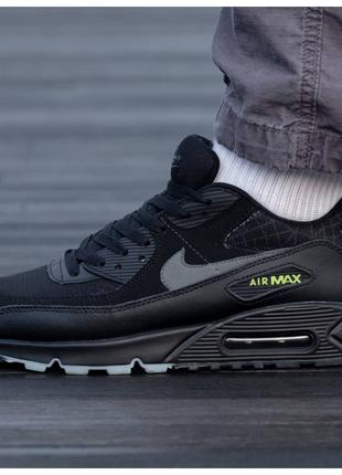 Чоловічі кросівки Nike Air Max 90 Black Grey Green, чорні шкір...