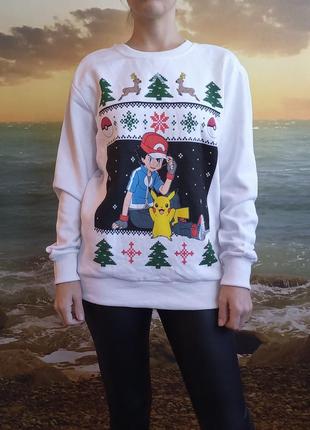 Свитшот свитер пуловер реглан новогодний  на флисе покемон пик...