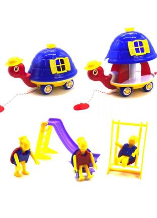 Раздвижная каталка "Черепаха" с игрушками (синяя)