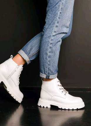 Белые женские ботинки зимние, кожаные, зима, мех, натуральная кож