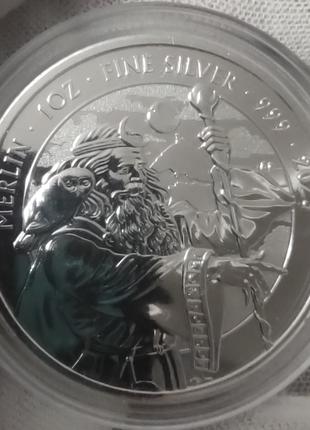 Инвестиционная серебряная монета Мерлин - волшебник короля Арт...