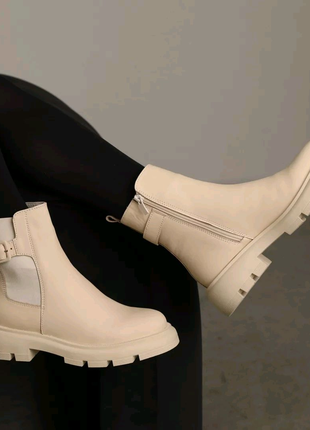 Стильные бежевые ботинки женские зимние, кожаные, мех, кожа,зима