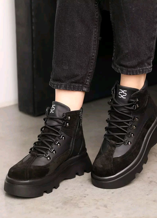 Черные женские ботинки зимние, кожаные, кожа, замша, мех,зима