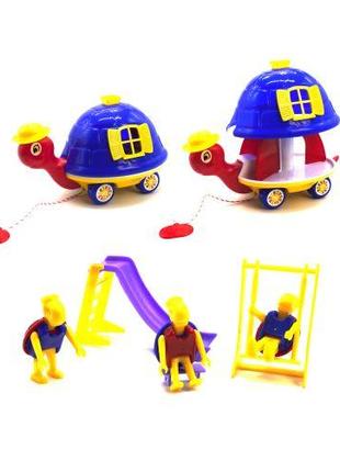 Раздвижная каталка "Черепаха" с игрушками (синяя)