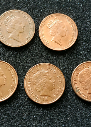 Монети one penny, 1 penny 1988, 1996, 1997, 1998, 2012