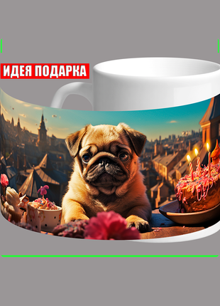 Кружка с собакой, Щенок Мопс,праздник,день рождения.тортик