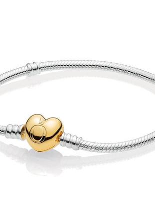 Серебряный браслет для шармов пандора  основа  "золотое сердце...