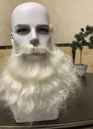 Борода и усы Деда Мороза реалистичные белые — накладка на сетк...