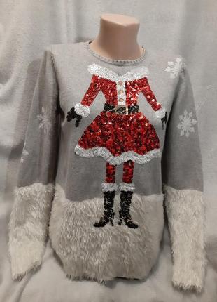 Зимний праздничный пушистый свитер, джемпер, кофта снегурочка ...