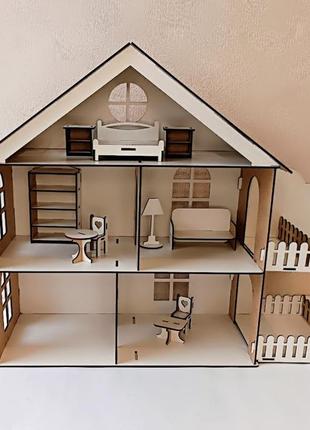 Кукольный домик 50/40см с террасой и набором мебели. собран, г...