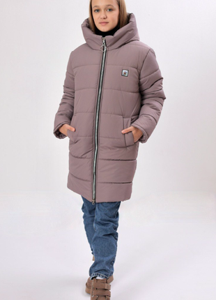Куртка для дівчинки довга зимова з еко-шкіри 140-158 61123мо