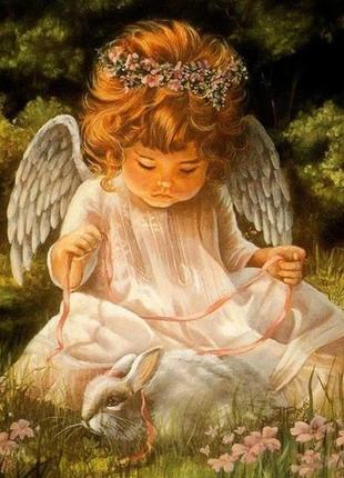 Алмазна мозаїка вишивка Ангелочок з кроликом на підрамнику пов...