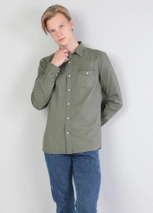 Мужская рубашка хаки зеленая с длинным рукавом хлопковая летня...