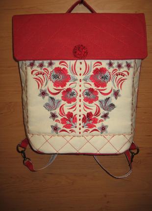 Сумка – рюкзак льняная с вышивкой в украинском стиле, авторска...