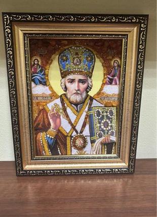 Ікона Свʼятий Миколай Чудотворець з бурштину