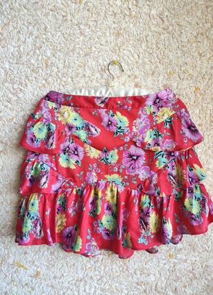 Шелковая юбка летняя брендовая красная с рюшами цветами asos