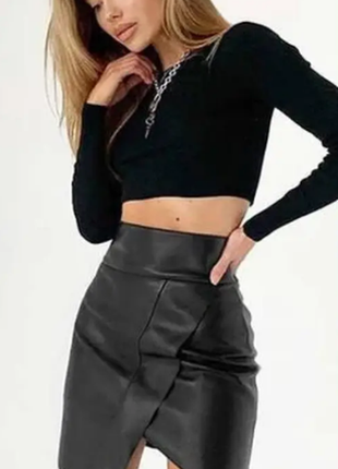 Черная мини-юбка женская кожаная стильная модная замшевая екок...