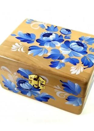 Скринька "Сині квіти" з масиву дерева,ручний розпис (16×10×8 см)