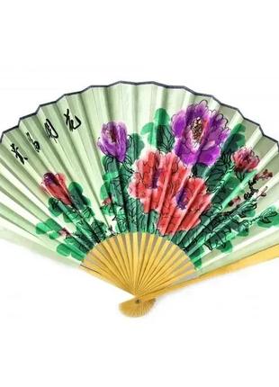 Веер бамбук с шелком "Цветы на бирюзовом фоне"