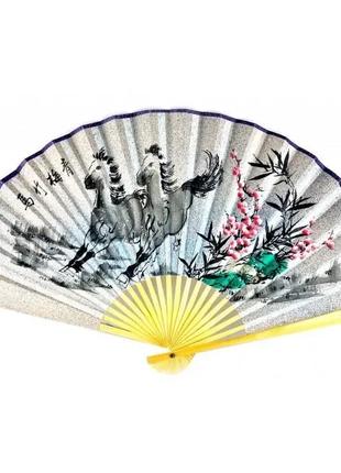 Веер бамбук с тканью "Лошади на серо-голубом фоне" (50см)