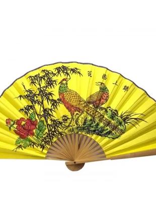 Веер бамбук с тканью "Фазаны в бамбуке на желтом фоне" (50см)