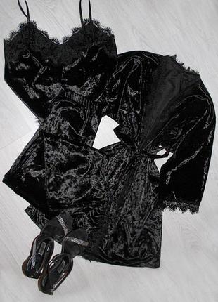Женский велюровый комплект тройка халат+майка+брюки, черного ц...