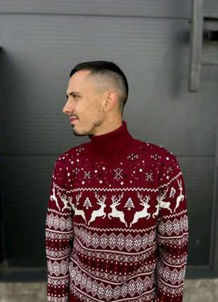 Чоловічий новорічний светр з оленями | теплий | бордовий