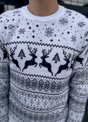 Чоловічий новорічний светр з оленями | теплий | білий