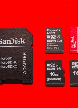Карта памяти microSD hc 16 GB 10 class + SD Sandisk adapter