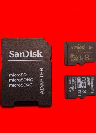 Карта памяти microSD hc 8 GB 10 class + SD Sandisk adapter