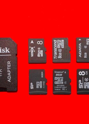 Карта памяти microSD hc Kingston 8 GB + SD Sandisk adapter