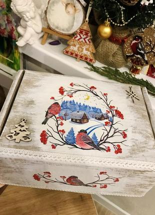 Подарочная коробка праздничная новогодняя зимняя снегири хендм...