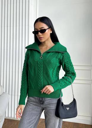 Женский свитер с V-образным воротником и молнией цвет зеленый ...