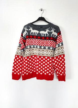Новогодняя кофта красная с оленями вязаный новогодний свитер l...