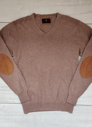 Коричневий чоловічий светр пуловер коттон з кашеміром з латкам...