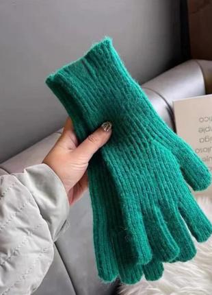 В'язані теплі рукавички довгі Зелений (3532)