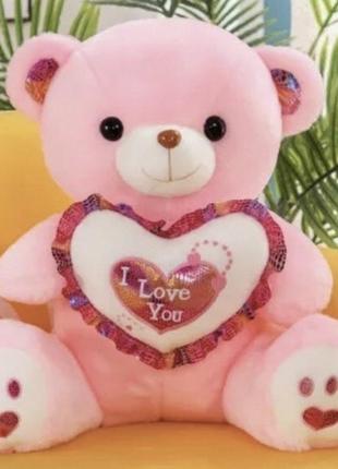Мягкая игрушка светящийся плюшевый медведь 30 см розовый