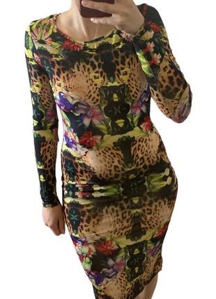 Платье мини леопардовое цветочное облегающее сетка