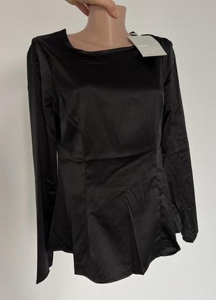 Чорна атласна блуза на довгий рукав блузка по фігурі чорна блу...