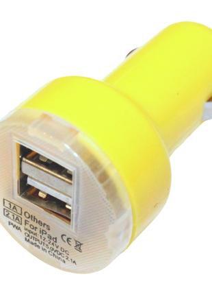Зарядка автомобильная в прикуриватель 2 USB/2.1A/1A:Желтый