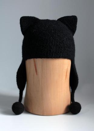 Шерстяная шапка кошка черная