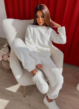 Домашний костюм-пижама женская теплая меховая белая, серая (тк...