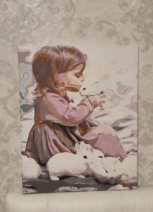 Раскрашенная картина по номерам 40*50 девочка с кроликами
