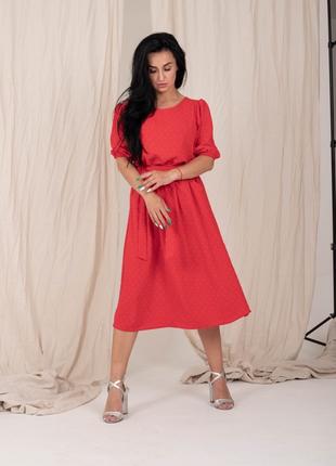 Красное летнее платье с поясом 44-54рр.