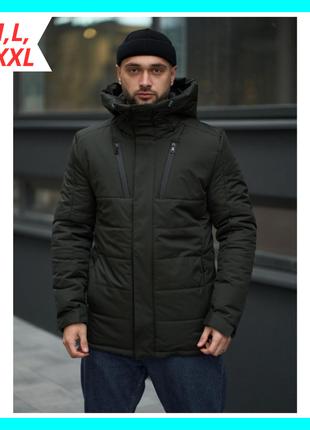 Коротка чоловіча тепла зимова куртка хакі з капюшоном, Модна д...